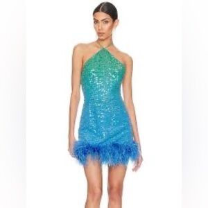 Sau Lee Green to Blue Sequin Halter Mini Dress with Feather Hem